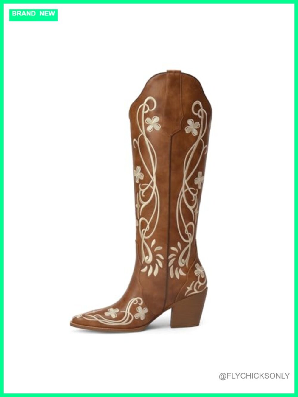 Knee High Faux Leather Cowboy Boots Floral Embroidered Block Heel Pull On